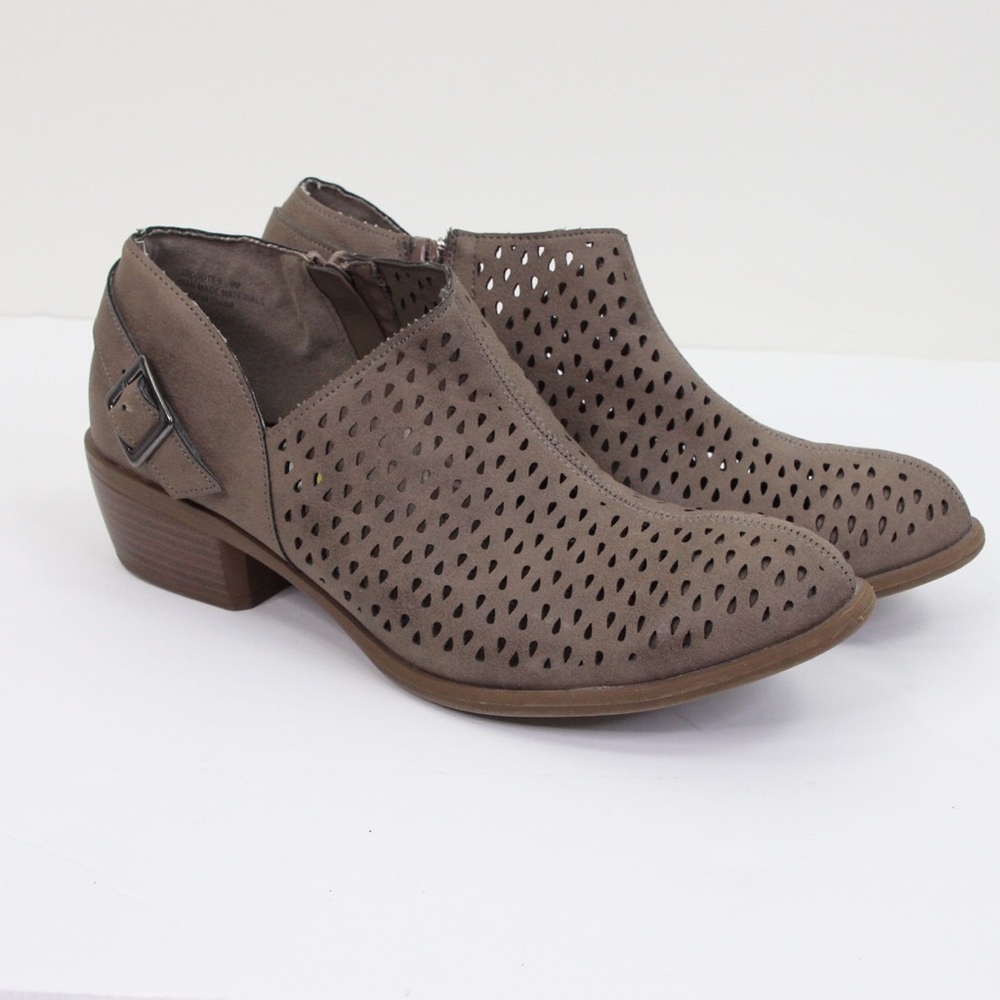 Jasmin Taupe Perforated Cutout Ankle Buckle Bootie Low Block Heel Size 9